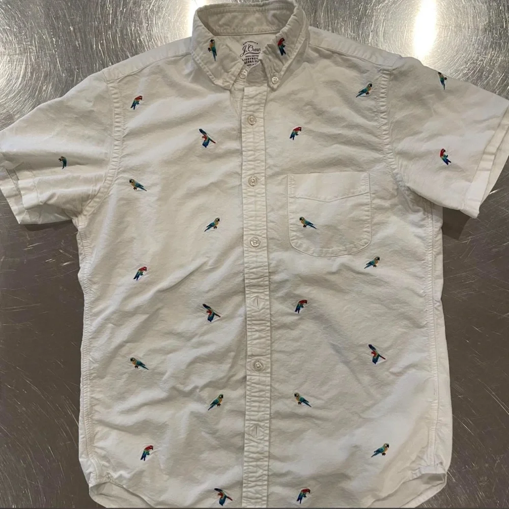 J. Crew White Short-Sleeve Button-Down Shirt with Parrot Embroidery